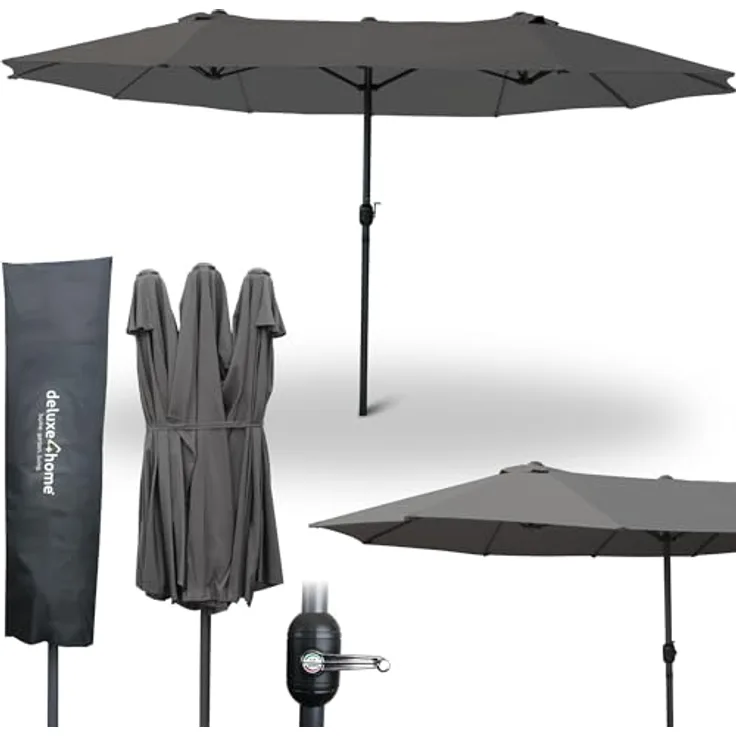 deluxe4home XXL Doppelsonnenschirm 450cm x 260cm, handkurbelbetrieb, anthrazit, doppelseitig faltbar, 180 g/m² Polyester