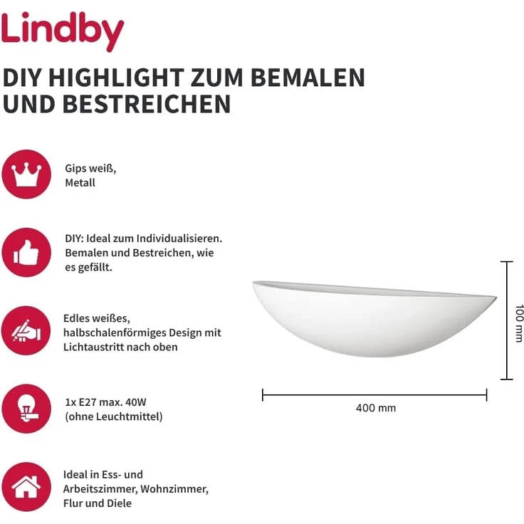 Lindby Wandleuchte Guilia, Gips Weiß IP20, 1 x 40 W – Bild 2