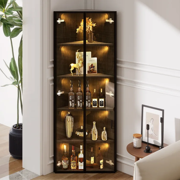 Merax 160cm LED-Glasvitrine, Eckschrank, Bücherregal, Weinschrank, Badezimmerschrank mit integrierten Lichtleisten, Staubgeschützte Vitrine aus gehärtetem Glas–Schwarz