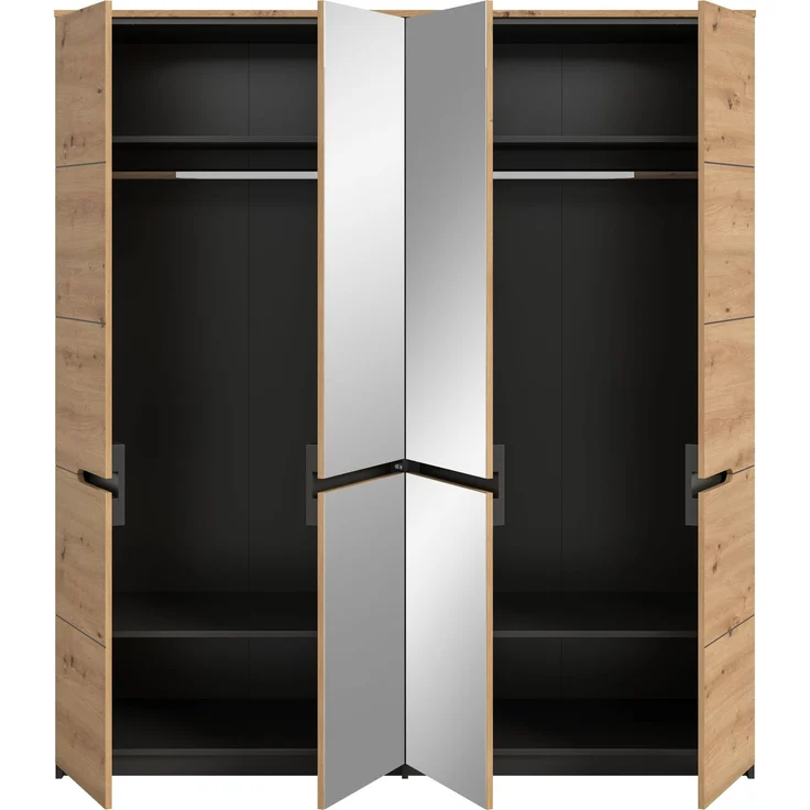 Kleiderschrank Sova 4-türig – Moderner Schrank in Eiche-Optik & Schwarz mit Stauraum und Spiegeltüren – Bild 4