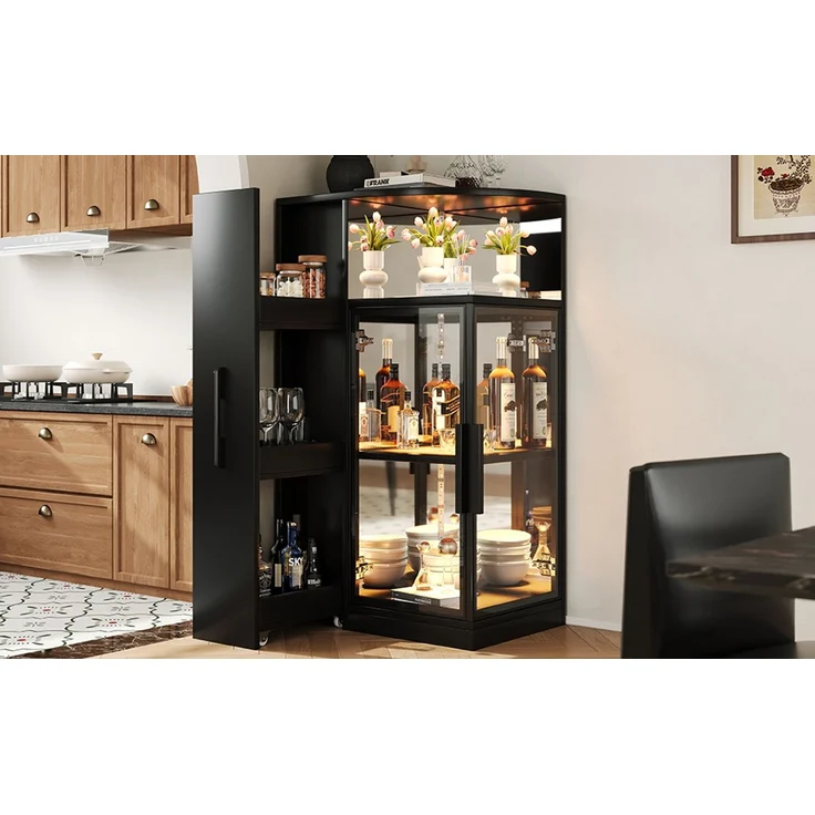 ZUBALIYA Ausziehbare Glasvitrine 64×42×112 cm mit LED-Beleuchtung, Vitrine mit doppelseitigem ESG-Glas, ausziehbarer Seitenschrank,Vitrine,Sammlervitrine, Weinschrank, Küchenschrank, Schwarz – Bild 13