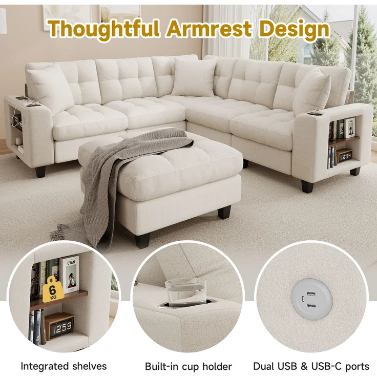 ZUBALIYA Modulare Wohnlandschaft, mit Stauraum, mit USB-C-Anschluss, modular kombinierbar, mit Getränkehaltern, mit Hocker, H 83 × T 216.5 × B 216.5 cm, Beige, Chenille – Bild 7