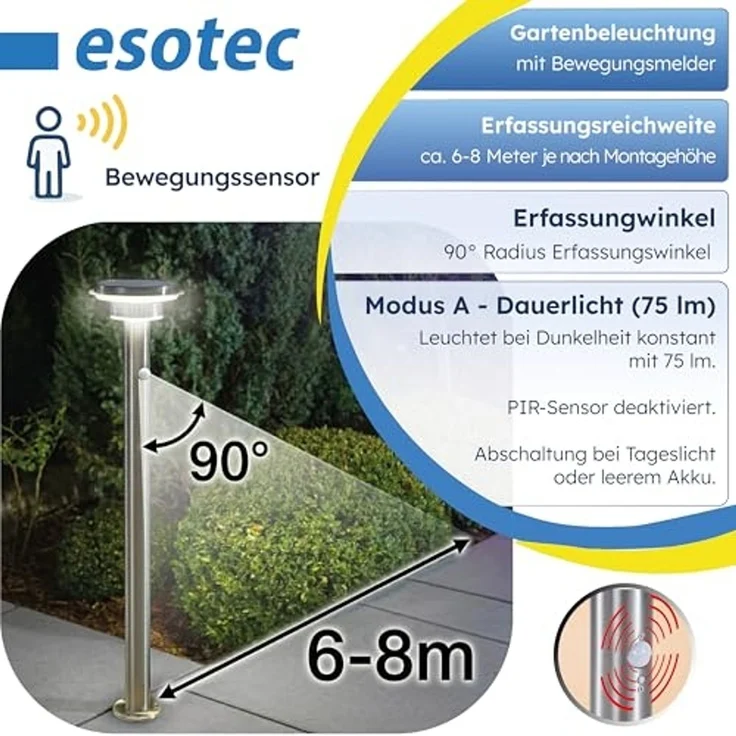esotec LED Gartenleuchte Solar PIR Standleuchte Tini, H=85cm, 40 LEDs, Edelstahl, außen 102897, Bewegungssensor, 3 unterschiedliche Betriebsmodi, automatisches Einschalten bei Dämmerung, LED fest integriert, tageslichtweiß – Bild 4