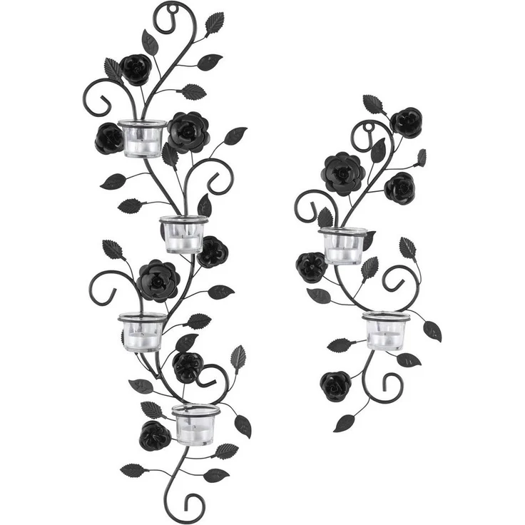 Home affaire Wandkerzenhalter Blumenranke, schwarz (2er-Set), Landhaus, Metall, Glas, schwarz antik – Bild 2