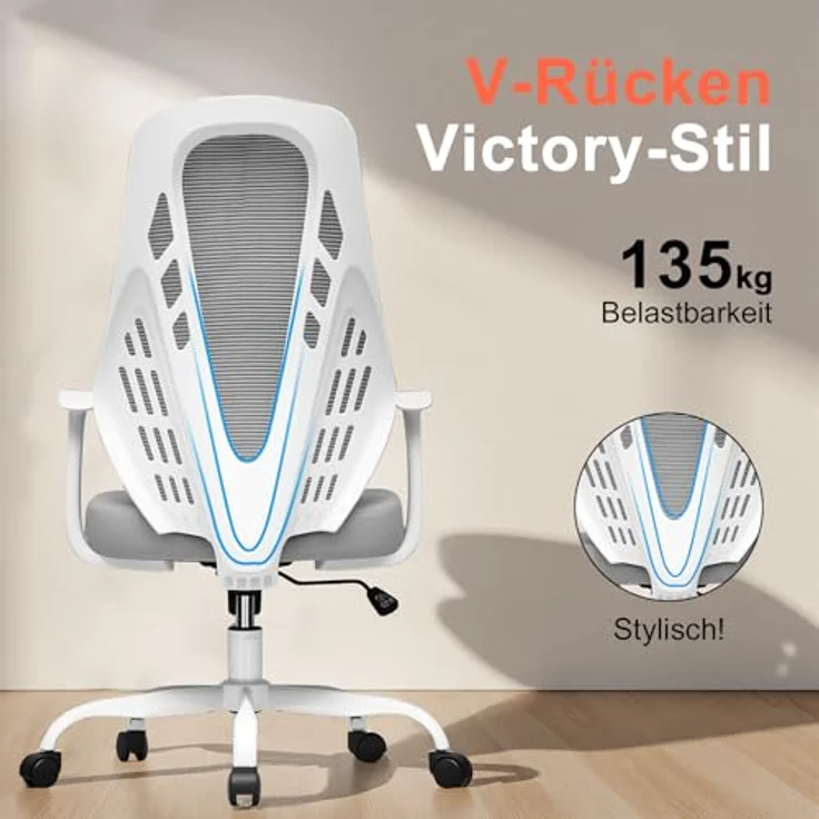 COMHOMA Ergonomischer Bürostuhl Schreibtischstuhl Gamingstuhl, mit Armlehnen, atmungsaktives Mesh, V-förmige Rückenlehne, verstellbar, Wippfunktion, Hochdichter Schaumstoffsitz, leise Rollen, grau – Bild 8