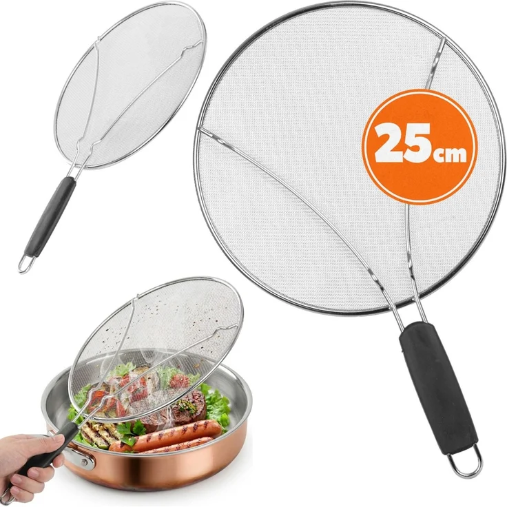 KADAX Pfannen Spritzschutz Ø 25 cm, Edelstahl Pfannenspritzschutz mit feinmaschigem Netz, Fettspritzschutz Deckel für Pfanne, Küchenhelfer gegen Ölspritze – Bild 1