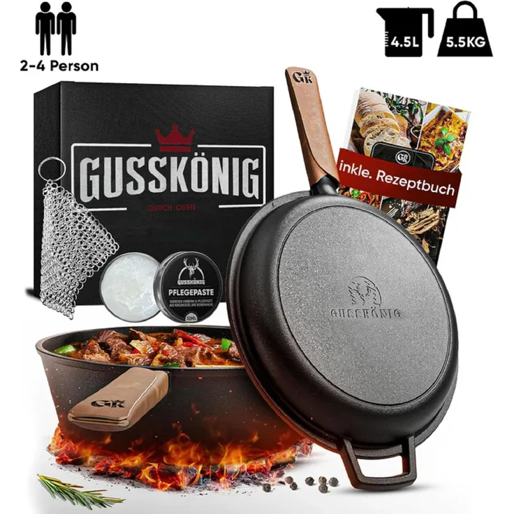 GUSSKÖNIG Dutch Oven 2in1 Pfannen Set 4,5L + Pflegepaste