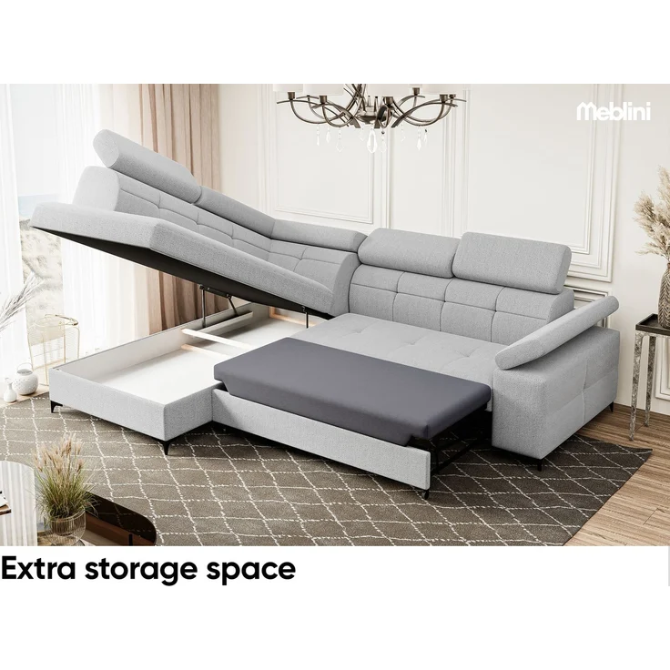 MEBLINI Ecksofa BERGAMO 274x203cm Links - Straciatella Samt Modesto - mit Schlaffunktion und Bettkasten - Höhe 83cm - Sofa mit Relaxfunktion - Couch L-Form - Eckcouch - Wohnlandschaft – Bild 4