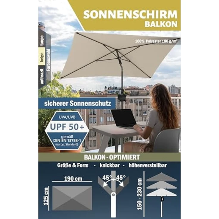 Menz Sonnenschirm Balkon - 3-IN-1 Sonnenschutz Balkon SET in Beige, UPF 50+ Sonnenschirm rechteckig 200x125 cm + stabiler Sonnenschirmhalter Balkongeländer + Sonnenschirmhülle – Bild 4