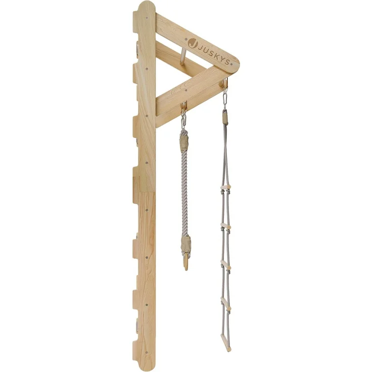 Juskys Sprossenwand für Kinder - mit Klimmzugstange, Indoor Klettergerüst mit Turnringen und Strickleiter, Kletterwand fürs Kinderzimmer, Turnstange – Bild 6