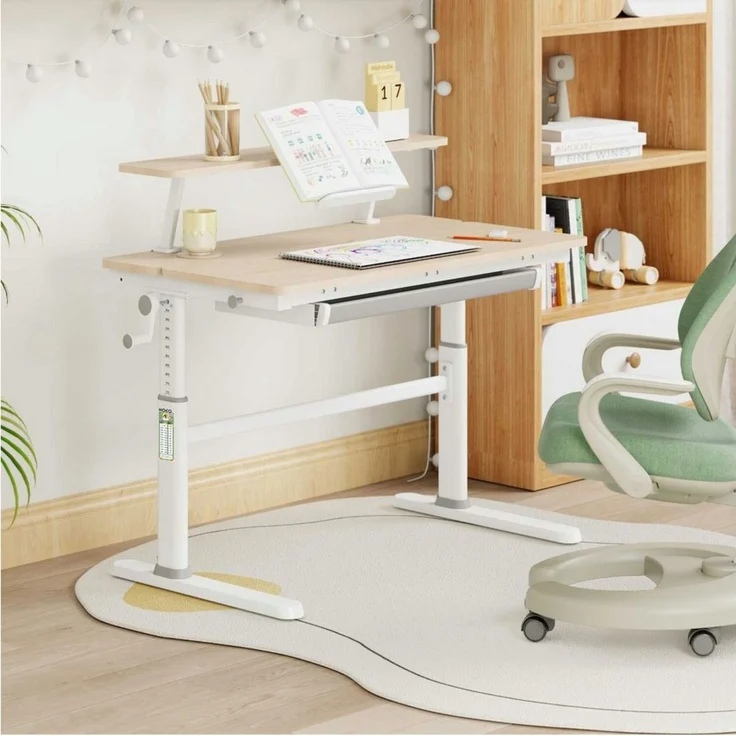 HOKO Kinderschreibtisch Ergo Jugend Schreibtisch höhenverstellbar 54-76 cm, 100x60 cm (ergonomischer Computertisch mit neigbarer Tischplatte (0-50) & Schublade, stabil & belastbar bis 100 kg, Weiß, Holzfarben) – Bild 1