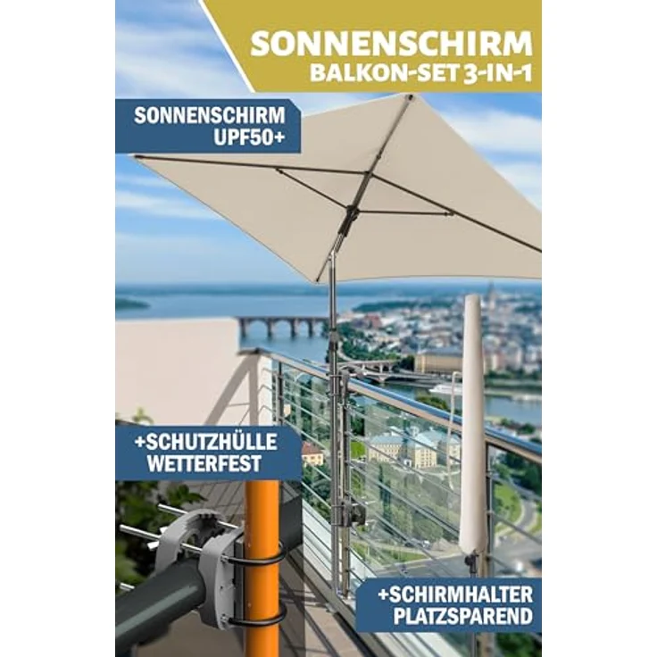 Menz Sonnenschirm Balkon - 4-IN-1 Sonnenschutz Balkon SET in Beige, UPF 50+ Sonnenschirm rechteckig 200x125 cm + 2 Stück Sonnenschirmhalter Balkongeländer + Sonnenschirmhülle, extrem stabil – Bild 3