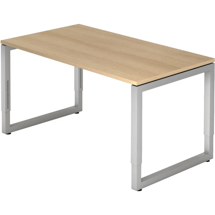 bümö höhenverstellbarer Schreibtisch R-Serie 140x80 cm in Eiche, Gestell in Silber - PC Tisch klein für's Büro manuell höhenverstellbar, Computertisch verstellbar, RS-14-E-S – Bild 1