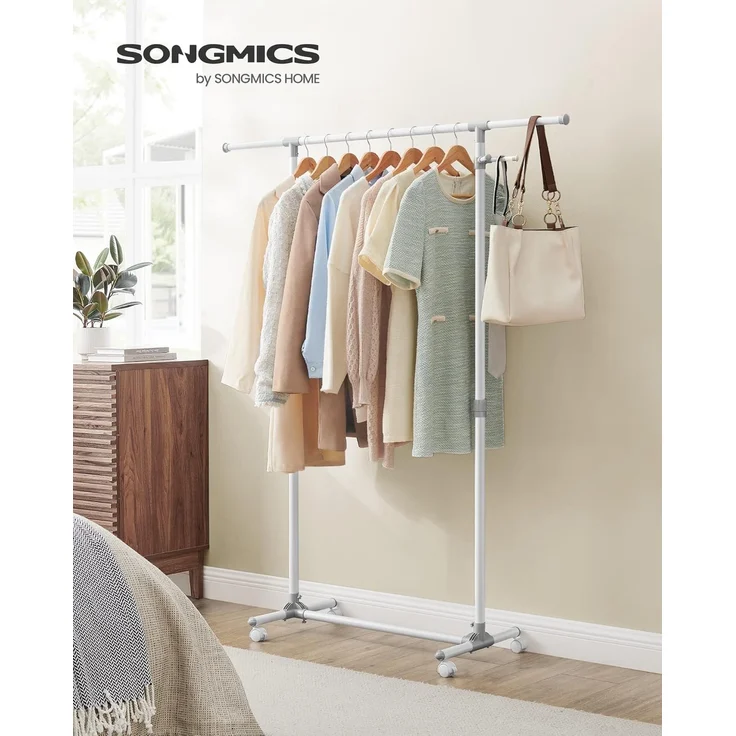 SONGMICS Kleiderständer auf Rollen, Kleiderstange, höhenverstellbar zwischen 97 und 165 cm, ausziehbare Garderobenstange, Garderobenständer, seitliche Haken für Accessoires, weiß LLR001W01 – Bild 2