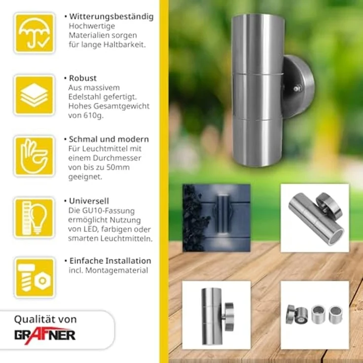 Grafner Außen-Wandleuchte Wandlampe Leuchte GU10 Edelstahl Lichtschein Up&Down, ohne Leuchtmittel, GU10 – Bild 3