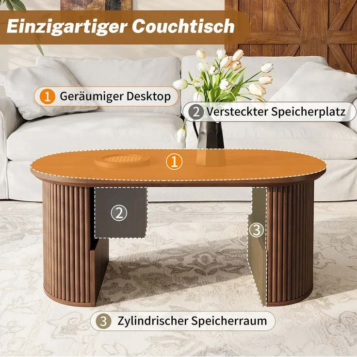 Ovaler Couchtisch aus MDF mit Ablagefächern, 105x50x46,5 cm, Walnuss – Bild 9