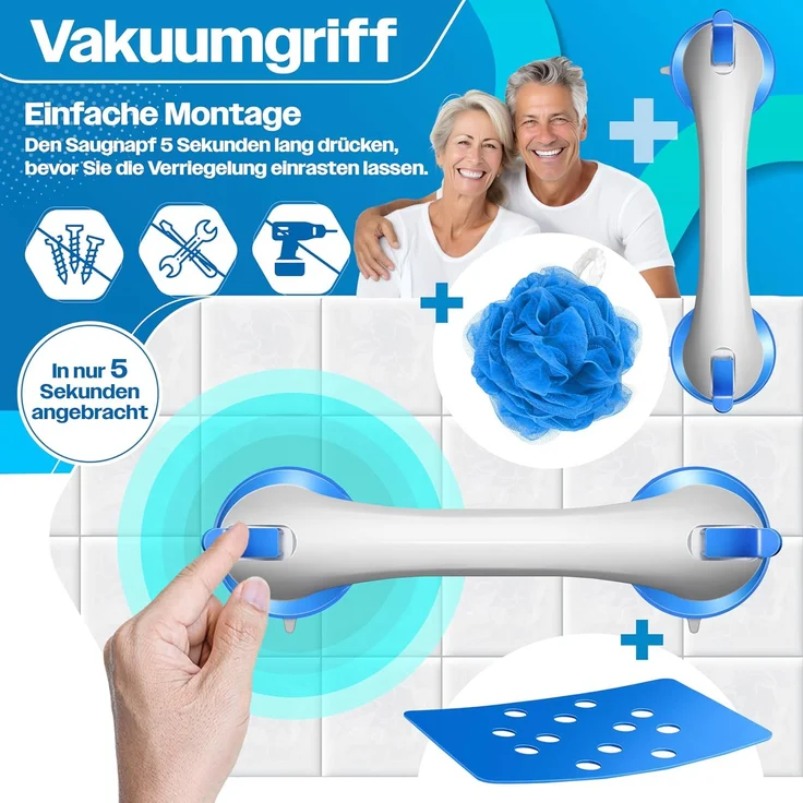 KESSER® Duschhocker höhenverstellbar | Leichter Badhocker rutschfeste Gummifüße Duschstuhl 136KG belastbar | Duschhilfe Senioren | Saugnapf Haltegriff Badewannengriff | Duschsitz mit Brausehalterung Weiß / Blau – Bild 4