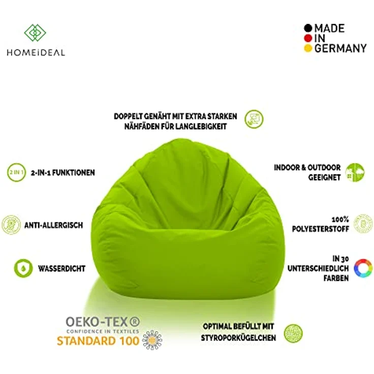 HomeIdeal - Sitzsack XXL Bodenkissen für Erwachsene & Kinder - Geeignet für Gaming oder Entspannen - Indoor wie Outdoor da er Wasserfest ist - mit EPS Perlen, Farbe:Kiwigrün, Größe:XXL – Bild 3