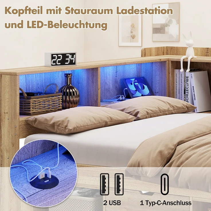 Merax Kinderbett, 140x200 cm Daybett, Tagesbett, Stauraumbett mit LED-Beleuchtung, USB Ladeanschlüsse und Schreibtisch, mit Regale & Schubladen, Naturfarbe – Bild 7
