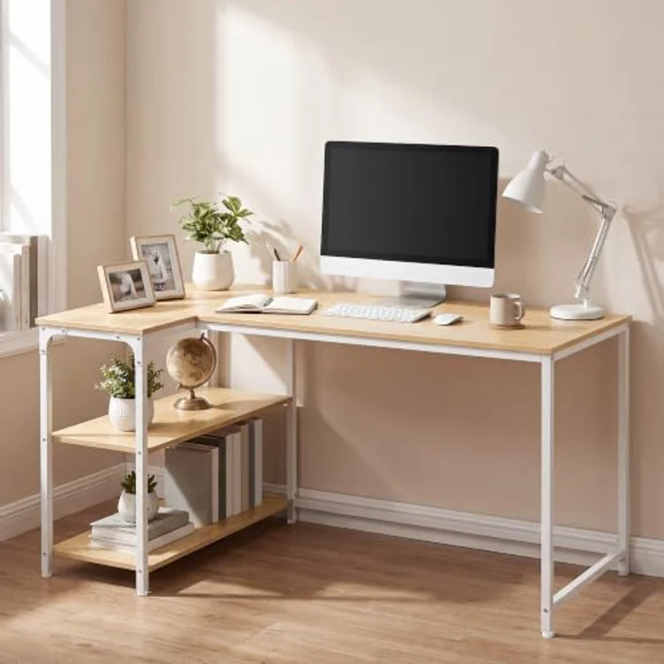 VASAGLE Eckschreibtisch in L-Form, Computertisch, 120 x 80 cm | mit Stauraum, höhenverstellbare Ablage, beidseitig montierbar, Natürliche Eiche und Mattweiss, BARNET Kollektion LWD136Y101 – Bild 5