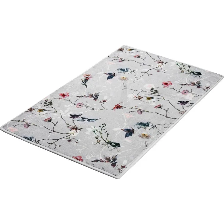 Kleine Wolke Badematte Flores, Höhe 5 mm, rutschhemmend beschichtet, fußbodenheizungsgeeignet, Polyester, rechteckig, romantisch verspieltes Design mit Blumen und Schmetterlingen