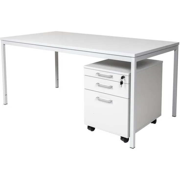 Schreibtisch und Holz Rollcontainer, 3 Schübe, grau, 180x80x75 cm