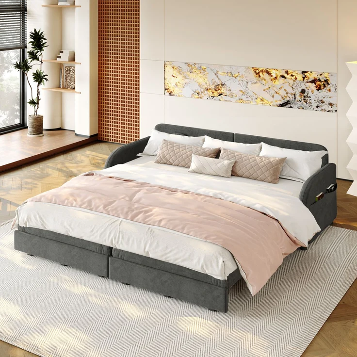 ZUBALIYA 206 cm King-Size ausziehbares 3-Sitzer-Sofa, 3-in-1 Schlafsofa, mit losen Kissen und Stautaschen an beiden Seiten, Chenille-Sofa mit Schlaffunktion, Grau, H 89 × T 205 × B 84 cm – Bild 9