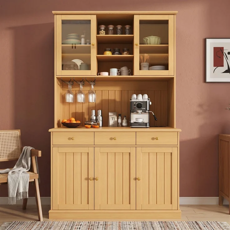 Buffetschränke, Esszimmer-Hochschrank 120×40×191 cm, mit Glastüren, Gläserhalter, mehrstufigem Stauraum, integrierter Steckdose sowie USB-C- und USB-A-Anschlüssen, Naturfarbe – Bild 4
