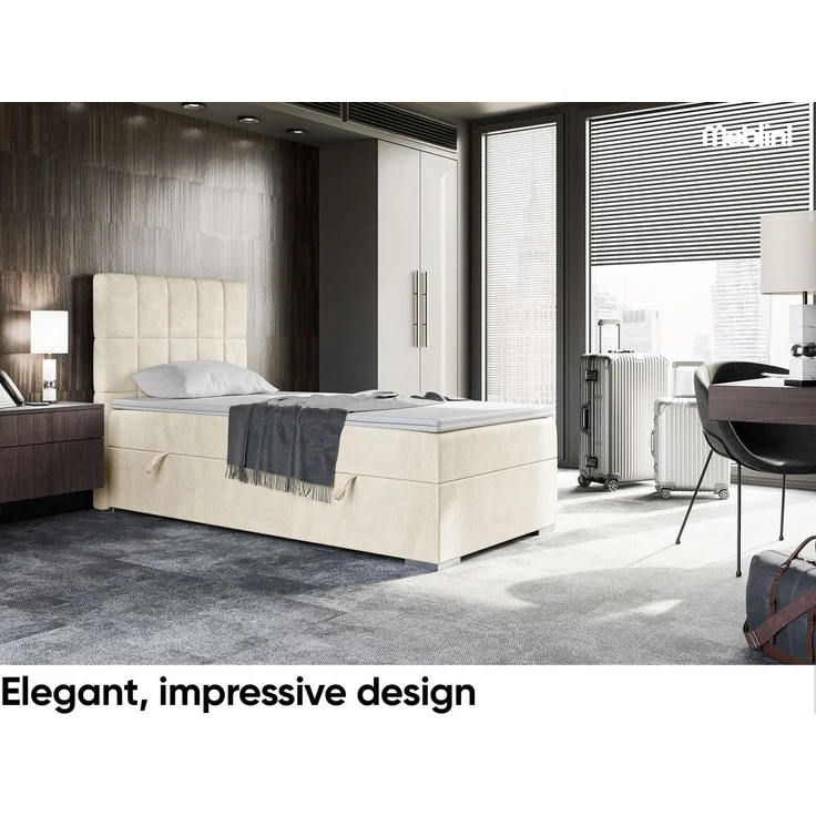 MEBLINI Boxspringbett LUKAS 90x200cm Links - H4/Creme Samt - mit Bettkasten - Gepolstert Einzelbett mit Topper & Taschenfederkern-Matratze – Bild 2