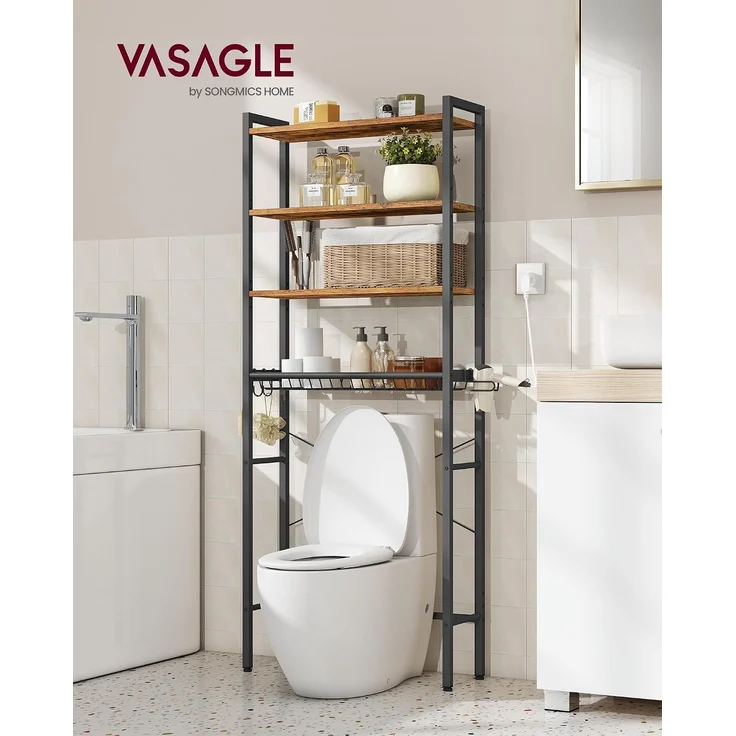 VASAGLE Toilettenregal, Badezimmerregal mit verstellbaren Ablagen und Gitterkorb, WC-Regal mit Föhnhalter, 3 Haken, platzsparend, 24 x 60 x 173 cm – Bild 2
