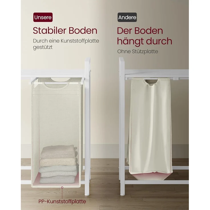 Vasagle Wäschekorb mit 4 Fächern, 4x40 L, Metallrahmen Weiß, 72 x 33 x 116 cm – Bild 3