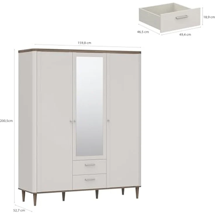 Forte LACETTI Kleiderschrank 160, eleganter Schrank mit Spiegel, 3-türig, 2 Schubladen, hohe Beine, Holzwerkstoff, Kaschmir-Beige-Valencia Eiche Holzdekor,159,8 cm breit x 200,5 cm hoch x 52,7 cm tief – Bild 6
