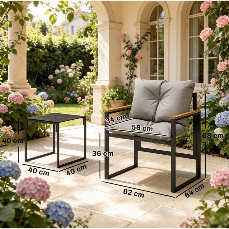 Gartenmöbel-Set mit Textilene-Sitzen und Glastisch, 2 Sessel 64x62x68 cm, Schwarz/Grau – Bild 5