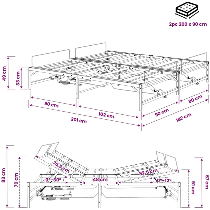 vidaXL Elektrisch verstellbares Bettgestell Weiß 180 x 200 cm Stahl 3438635 – Bild 11