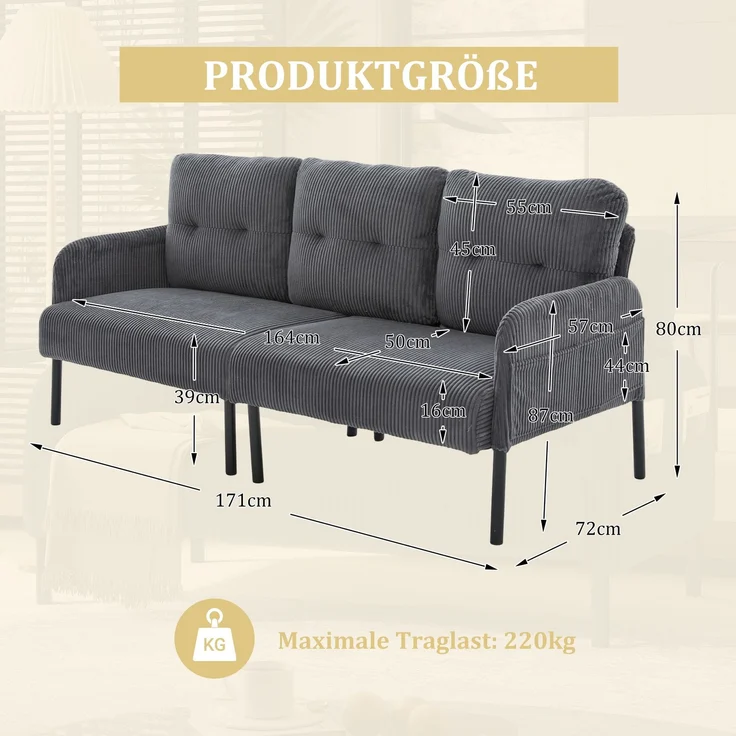 LVHOM 3-Sitzer Sofa mit Metallsockel, Polstersofa mit Seitentaschen, Loungesofa aus Cordstoff, Ergonomisches Stoffsofa, 171x72x80cm – Bild 6