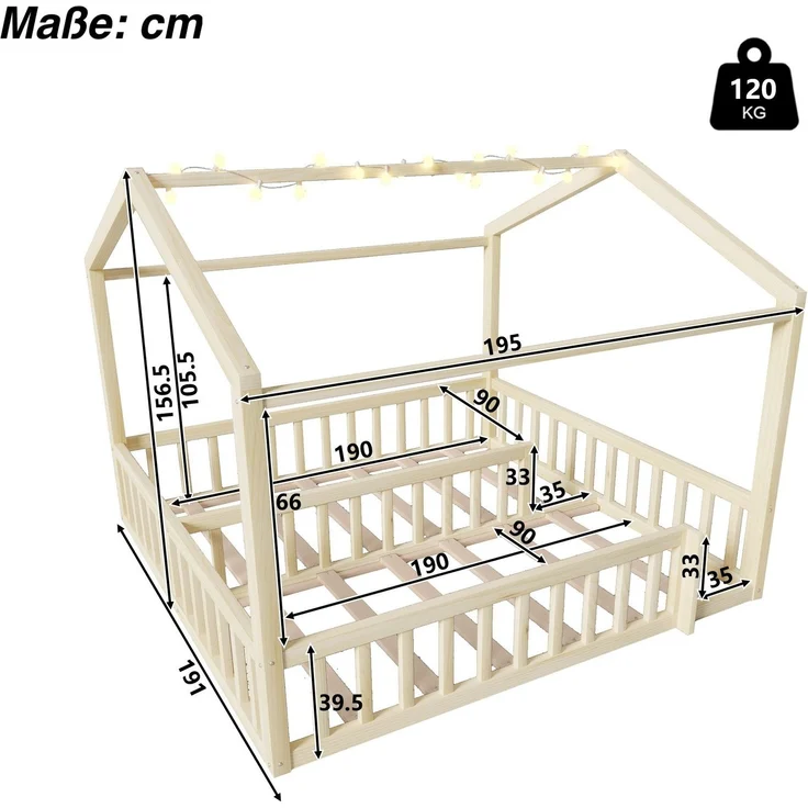 Hausbett mit LED Kugel-Lichterkette, 90x190cm*2/180x190cm, Kinderbett mit Rausfallschutz und Lattenrost, Kiefer – Bild 6