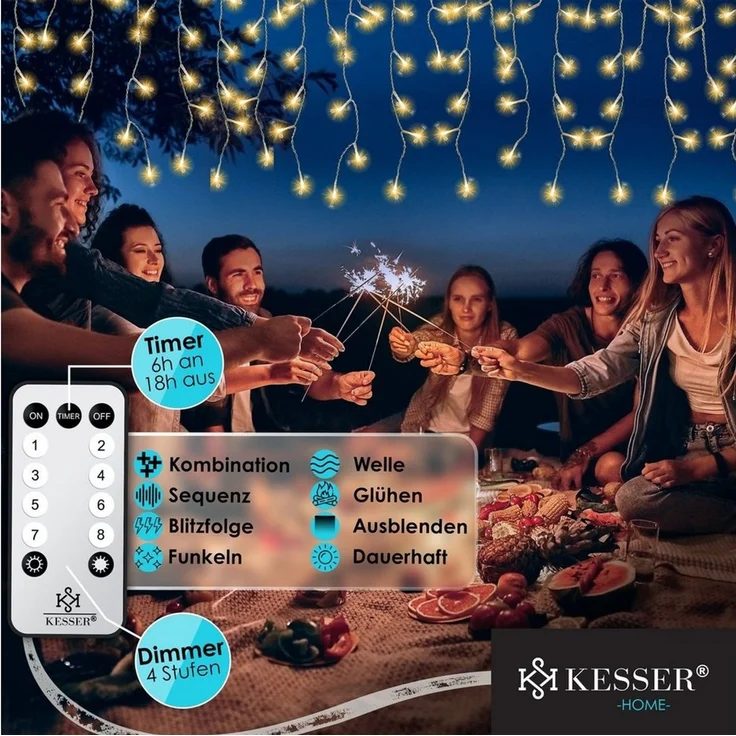 KESSER® LED Lichterkette inkl. Fernbedienung mit 8 Modi & Timer, Lichtervorhang mit mini LED´s Warmweiß, 400 LED's – Bild 2
