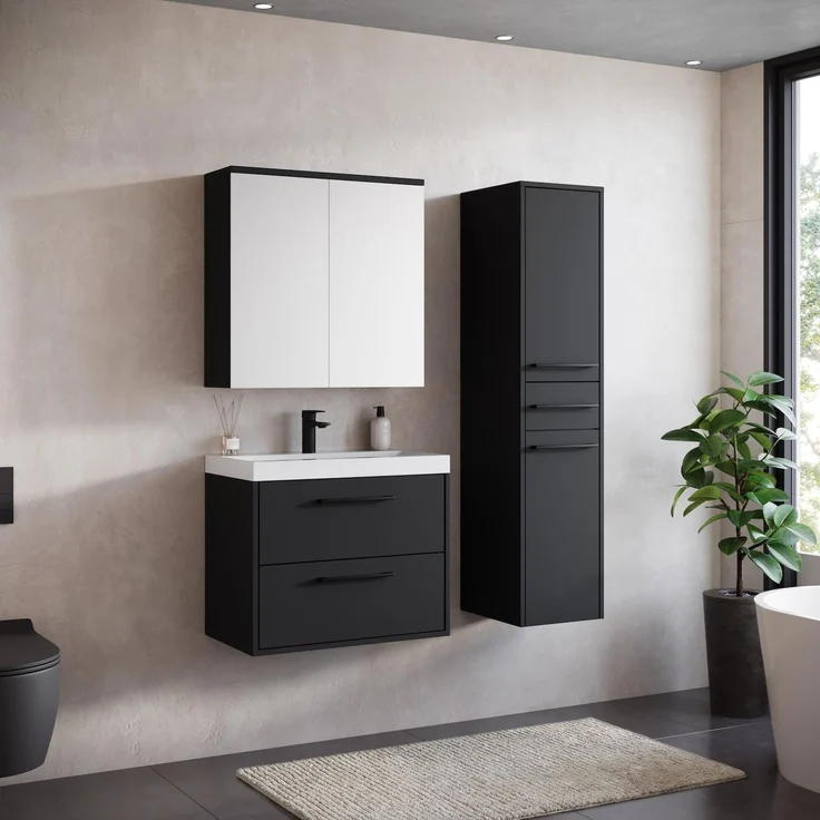 Badplaats Badezimmerschrank Florence 30 x 35 x 130 cm Schwarz Matt - Hoch Badschrank mit 2 Türen und 1 Schublade – Bild 3