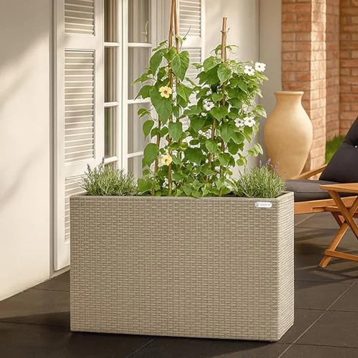 Casaria Pflanzkübel, 4 Innentöpfe Herausnehmbar Polyrattan 95x27x60cm Blumentopf Creme – Bild 7