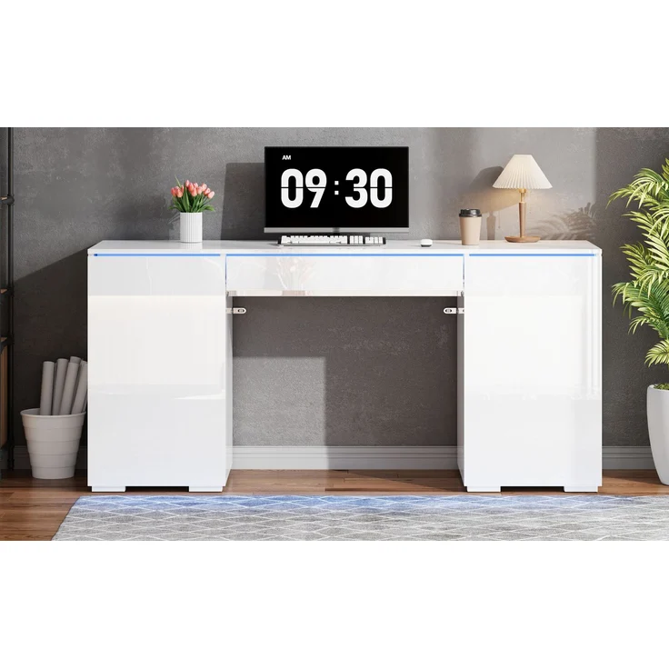 ZUBALIYA 140x50cm großer Schreibtisch in Hochglanz, mit LED-Beleuchtung, 1 Schublade und 2 Türen, moderner Computertisch mit extra großer Arbeitsfläche, Schminktisch mit Stauraum, in Weiß-Hochglanz – Bild 16