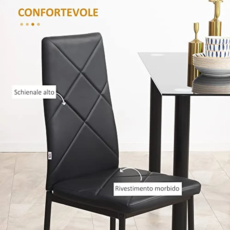HOMCOM Esszimmerstühle 4er Set Küchenstuhl mit Rückenlehne, Kunstleder, Polsterstuhl mit Fußpolster, Wohnzimmerstuhl, Stühle mit Stahlbeine für Esstisch, Schwarz – Bild 7