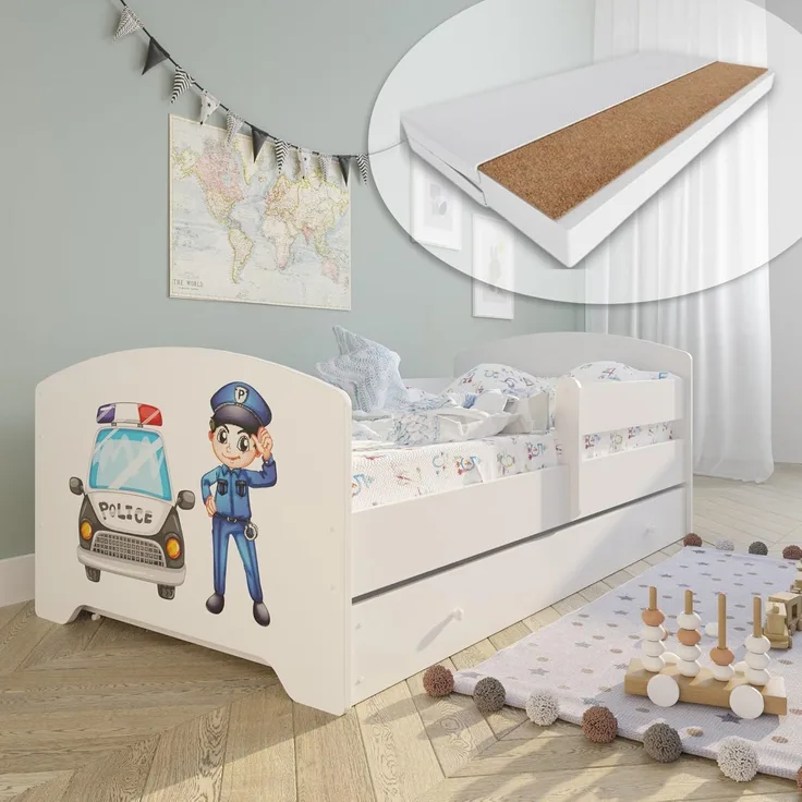 Kids Collective Kinderbett Komplettbett 70x140 cm, 80x160 cm mit Matratze und Schublade (Bett für Jungen und Mädchen), Bettkasten, viel Stauraum, Polizei, 160 x 80 cm