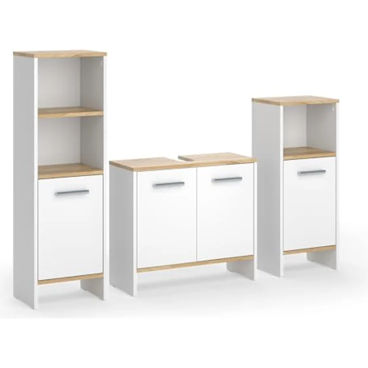 Vichy Badmöbel-Set Karli, 3-teilig in Weiss/Goldkraft Eiche, inklusive Waschbeckenunterschrank und zwei Midischränken – Bild 1
