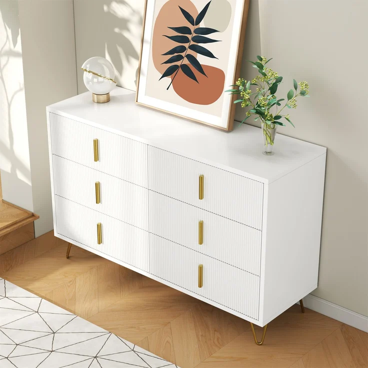 Sideboard 120x40 cm Weiß Gold 6 Schubladen Wellenfront TV Schrank Lowboard Aufbewahrung Wohnzimmer Esszimmer – Bild 6