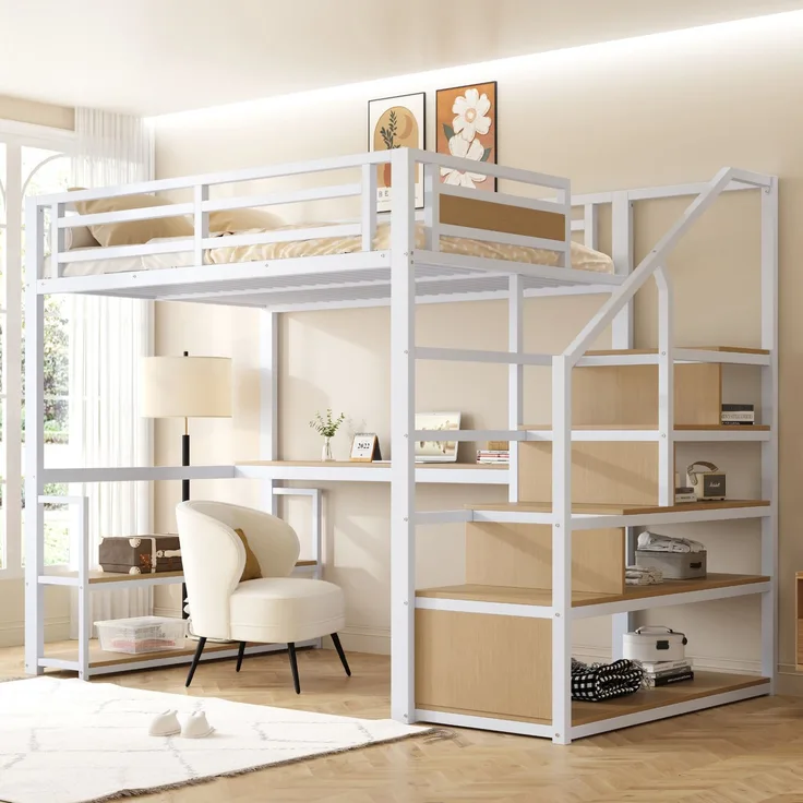 EINHOM 140 x 200 cm Metall-Hochbett mit Aufbewahrungsleiter mit Regalen und Tisch, Sicherheitszaun-Design mit Gespleißten Metallplanken, Hohes Eisenrahmenbett mit Metallrahmen für Stabile Unterstützung, Weiß (Ohne Matratze)
