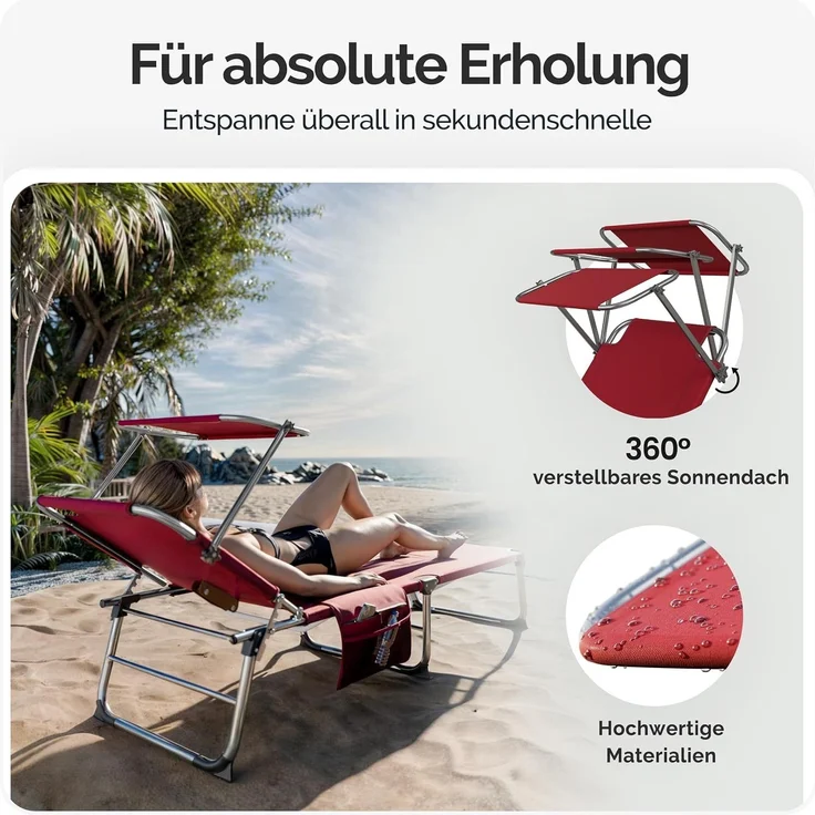 CASARIA® Alu Sonnenliege Klappbar Wetterfest Gartenliege mit Dach Liegestuhl Rot – Bild 5