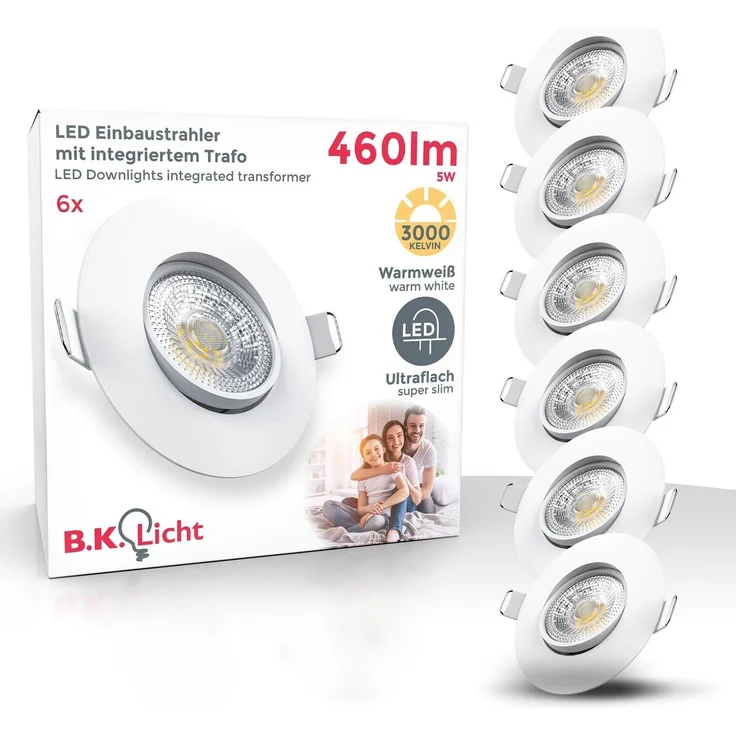 B. K. Licht - 6er Set LED Einbaustrahler 230V schwenkbar, warmweiße Lichtfarbe, Lochmass 68mm, flach, LED Spot, Deckenspots, LED Spots, Einbauleuchten, Einbauspots LED, Deckenstrahler, 90x24 mm, Weiß – Bild 5