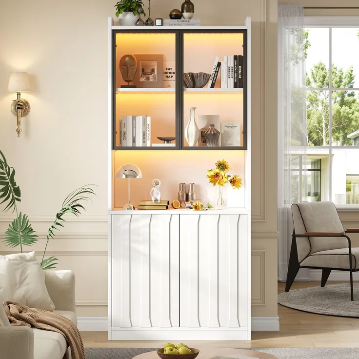 80x35x200cm LED Vitrine, Hochschrank mit Glasschranktüren, Hochschrank Glasvitrine mit LED und Offene Partition,Wohnzimmerschrank mit Glastüren, Küche, Arbeitszimmer, Eingangsbereich,Weiß--Weiß--80x35x200cm--YOUDENOVA