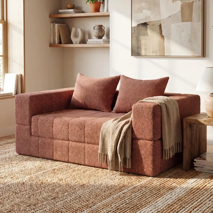 JUMMICO Schlafsofa mit Schlaffunktion 150cm Couch kleines, Terrakotta | 2-Sitzer-Sofa aus Velours Klappbares Bodensofa mit Kissen, Ideal als Schlafplatz, Lounge oder Gästebett