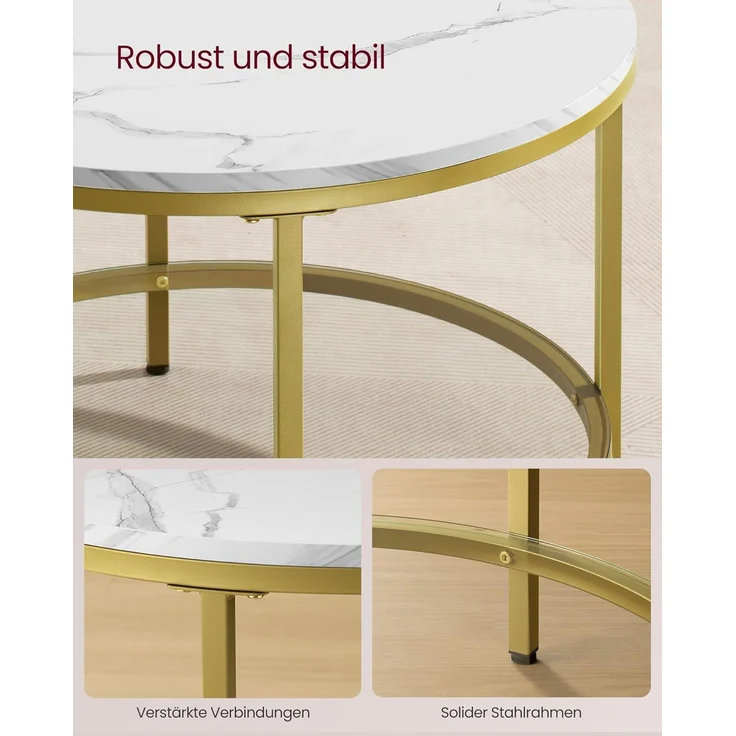 VASAGLE Couchtisch, Wohnzimmertisch, Sofatisch, für Wohnzimmer, mit Glasplatte, viel Stauraum, einfacher Aufbau, moderner Stil, marmorweiß-helles Gold LCT072W59 – Bild 6